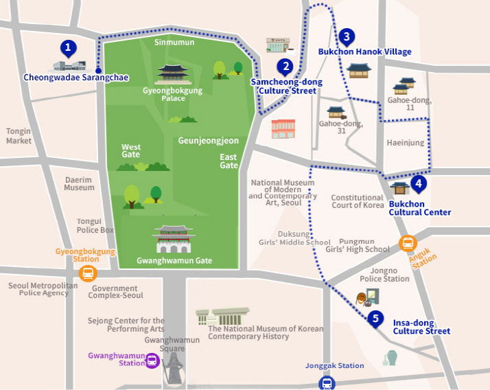 Course Map. 1. Cheongwadae Sarangchae, 2. Samcheong-dong Cultural Street, 3. Bukchon Hanok Village, 4. Bukchon Cultural Center, and 5. Insa-dong Cultural Street.